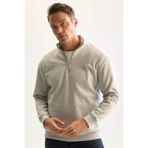 Gri 3 İplik Pamuklu Şardonlu İçi Polarlı Comfort Regular Fit Rahat Kalıp Dik Yaka Fermuarlı Kalın Sweatshirt D9067AXNS