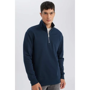 Lacivert 3 İplik Pamuklu Şardonlu İçi Polarlı Comfort Regular Fit Rahat Kalıp Dik Yaka Fermuarlı Kalın Sweatshirt D9067AXNS