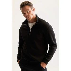 Siyah 3 İplik Pamuklu Şardonlu İçi Polarlı Comfort Regular Fit Rahat Kalıp Dik Yaka Fermuarlı Kalın Sweatshirt D9067AXNS