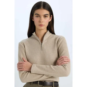 Slim Fit Dar Kesim Yarım Fermuarlı Tweed Uzun Kollu Tişört