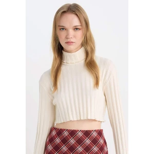 Coool Balıkçı Yaka Crop Top Basic Düz Fitilli Kaşkorse Uzun Kollu Tişört E1673AX24WN
