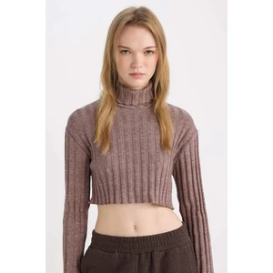 Coool Balıkçı Yaka Crop Top Basic Düz Fitilli Kaşkorse Uzun Kollu Tişört E1673AX24WN