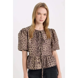 Regular Fit Yuvarlak Yaka Leopar Desenli Önden Bağlamalı Poplin Kısa Kollu Bluz E2670AX24AU