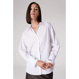 X Sorbe Oversize Geniş Kalıp Pamuklu Baskılı Uzun Kollu Beyaz Gömlek E0654AX24WN