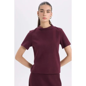 Slim Fit Dar Kesim Yarım Balıkçı Yaka Basic Düz Kısa Kollu Bordo Tişört D9758AX24WN