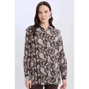 Loose Fit Gömlek Yaka Desenli Uzun Kollu Gömlek Tunik T0609Az24Au
