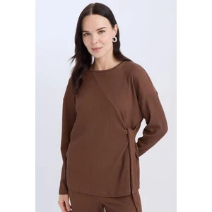 Regular Fit Bisiklet Yaka Bağlamalı Bürümcük Uzun Kollu Tişört E1800AX24WN