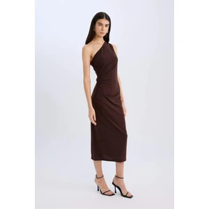 Bodycon Vücudu Saran Basic Düz Tek Omuzlu Midi Elbise E2469AX24WN
