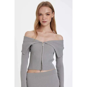 Slim Fit Dar Kesim Açık Omuz Basic Düz Fermuarlı Triko Hırka D5379AX24AU