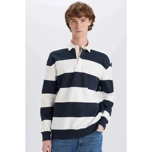 Boxy Fit Polo Yaka Çizgili Sweatshirt D1784AX24WN