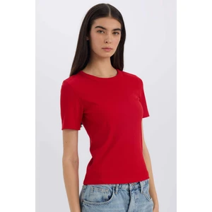 Slim Fit Dar Kesim Bisiklet Yaka Basic Düz Fitilli Kaşkorse Kısa Kollu Kırmızı Tişört E4268AX24AU
