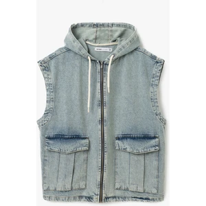 Kapüşonlu Fermuarlı Kapaklı Cepli Oversize Pamuklu Kolsuz Denim Yelek