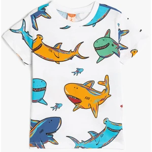 Köpekbalığı Baskılı Pamuklu Bisiklet Yaka Kısa Kollu Tişört