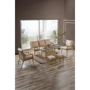 Joy Rattan Puflu Bahçe Balkon Takımı 3+1+1+Camlı Masa Cappuccino