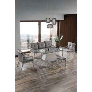 Joy Rattan Puflu Bahçe Balkon Takımı 3+1+1+ Camlı Masa Kemik Rengi