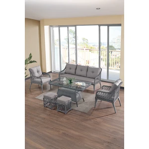Joy Rattan Puflu Bahçe Balkon Takımı 3+1+1+ Camlı Masa Gri