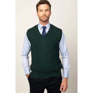 Erkek Slim Fit V Yaka Kendinden Desenli Yeşil Süveter