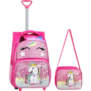 Çekçekli Pembe Unicorn Baskılı, Ortopedik Sırt Özellikli, Ilkokul Çantası + Beslenme Çantası