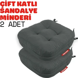2'li Çift Kat Sandalye Minderi Fermuarlı Yıkanabilir Kılıf Bağcıklı Su ve Yağ Itici 42 x 42 x 8 Antrasit