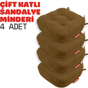 4'lü Çift Kat Sandalye Minderi Fermuarlı Yıkanabilir Kılıf Bağcıklı Su ve Yağ Itici 42 x 42 x 8 Kahverengi