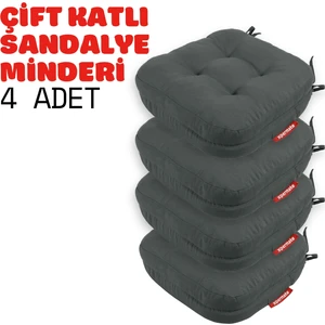 4'lü Çift Kat Sandalye Minderi Fermuarlı Yıkanabilir Kılıf Bağcıklı Su ve Yağ Itici 42 x 42 x 8 Antrasit