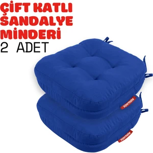 2'li Çift Kat Sandalye Minderi Fermuarlı Yıkanabilir Kılıf Bağcıklı Su ve Yağ Itici 42 x 42 x 8 Mavi