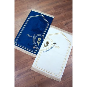 İhvan Online Isme Özel Nakışlı Çiftler Için Kalpli Yumuşak Dokulu Şönil Seccade Seti Mavi Krem