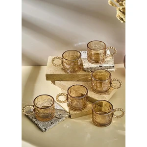 6'lı Cam Fincan Seti - Boncuklu Kulp Çay Bardağı Takımı - 100 ml - Taş Desenli Çay Fincanı Seti