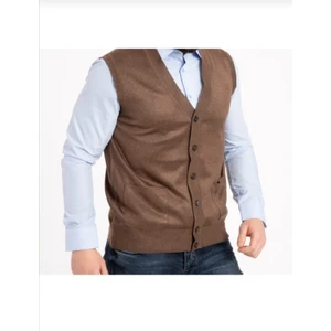 Mihman Butik Erkek Ince Yün Örgü Kahverengi Triko Yelek