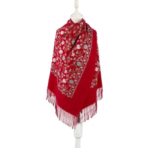Çiçek Desen Nakışlı Kışlık Omuz Şalı - Bordo