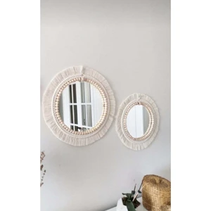 Boho Aynası Yumuşak Makrome Ayna Beyaz Duvar Dekoru