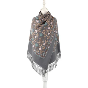 Çiçek Desen Nakışlı Kışlık Omuz Şalı - Gri