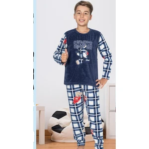 Şeker Kids Erkek Çocuk Mavi Ekose ve Ayıcık Desenli Uzun Kollu Kışlık Polar Pijama Takımı