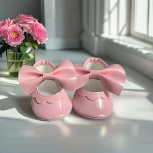 My Minie Kız Bebek Makosen Ayakkabı Pembe Rugan Fiyonklu Lastikli Ilk Adım Ayakkabısı