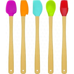 5 Parça Bambu Saplı Mini Silikon Spatula Kaşık Fırça Seti Renkli