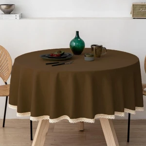Zeren Home Güpür Detaylı Dertsiz Yuvarlak Masa Örtüsü Kahverengi