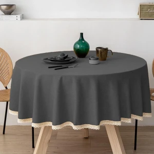 Zeren Home Güpür Detaylı Dertsiz Yuvarlak Masa Örtüsü Antrasit