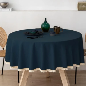 Zeren Home Güpür Detaylı Dertsiz Yuvarlak Masa Örtüsü Lacivert
