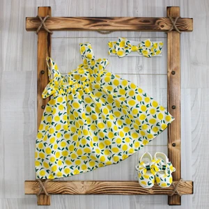 Kız Bebek Limon Baskılı Elbise Fiyonklu Bandana ve Ayakkabı 3'lü Takım
