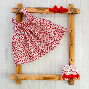 Kız Bebek Kiraz Baskılı Elbise Fiyonklu Bandana ve Ayakkabı 3'lü Takım