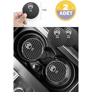 Kocamın Tasarımı Citroen C4 Siyah Karbon Bardak Altlığı 2 Adet Citroen Logolu C4 Yazılı 7 cm Için Özel Tasarım