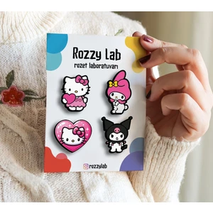 Rozzy Lab Hello Kitty 4lü Rozet Set - Hello Kitty Kuromi Melody - Broş - Yaka Çanta Aksesuar