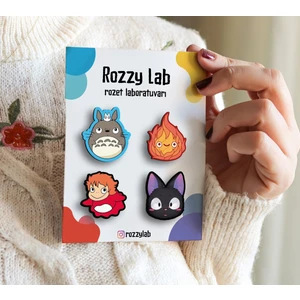 Rozzy Lab Totoro Ghibli 4lü Rozet Set - Totoro Calcifer Ponyo Jiji - Broş - Yaka Çanta Aksesuar