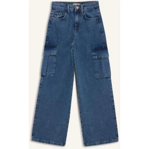 Kız Çocuk Wide Leg Kargo Geniş Bol Paça Pamuklu Jean Pantolon D7091A825SM