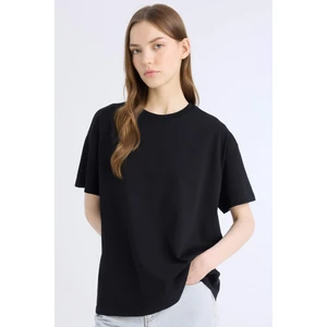 Oversize Geniş Kalıp Bisiklet Yaka Basic Düz Siyah Kısa Kollu Siyah Tişört E4935AX25SP