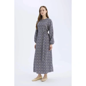 Regular Fit Bisiklet Yaka Desenli Kuşaklı Uzun Kollu Maxi Elbise E5247AX25SP
