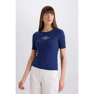 Slim Fit Dar Kesim Bisiklet Yaka Baskılı Fitilli Kaşkorse Kısa Kollu Tişört E5070AX25SP