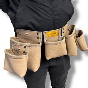 İKİZ DERİ Beş Bölmeli Hakiki Deri Usta Önlüğü Bej