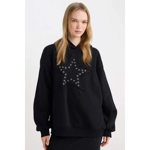 Coool Oversize Geniş Kalıp Yıldızlı Kalın Siyah Sweatshirt D8024AX24WN