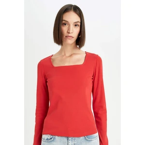 Regular Fit Kare Yaka Basic Düz Fitilli Kaşkorse Uzun Kollu Kırmızı Tişört D7506AX24AU